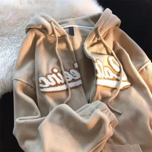 Fashionkova  Letter Embroidery Hoodies Women Winter Casual Oversized Polar Fleece Hooded Sweatshirt Female Vintage Zipper Hoodie Streetwear