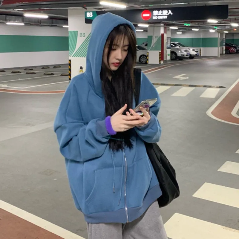 Fashionkova  Womens Oversized Hoodies Harajuku Solid Color Zip Up Pocket Korean Streetwear Autumn Long Sleeve Hooded Female Casual Sweatshirt