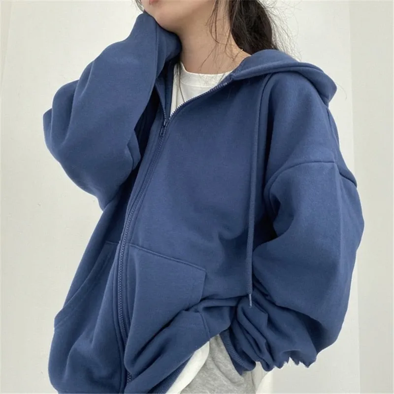Fashionkova  Womens Oversized Hoodies Harajuku Solid Color Zip Up Pocket Korean Streetwear Autumn Long Sleeve Hooded Female Casual Sweatshirt