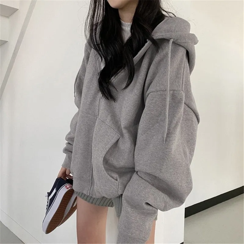 Fashionkova  Womens Oversized Hoodies Harajuku Solid Color Zip Up Pocket Korean Streetwear Autumn Long Sleeve Hooded Female Casual Sweatshirt