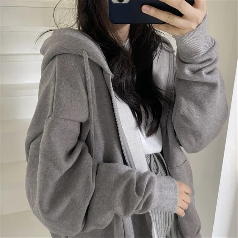 Fashionkova  Womens Oversized Hoodies Harajuku Solid Color Zip Up Pocket Korean Streetwear Autumn Long Sleeve Hooded Female Casual Sweatshirt