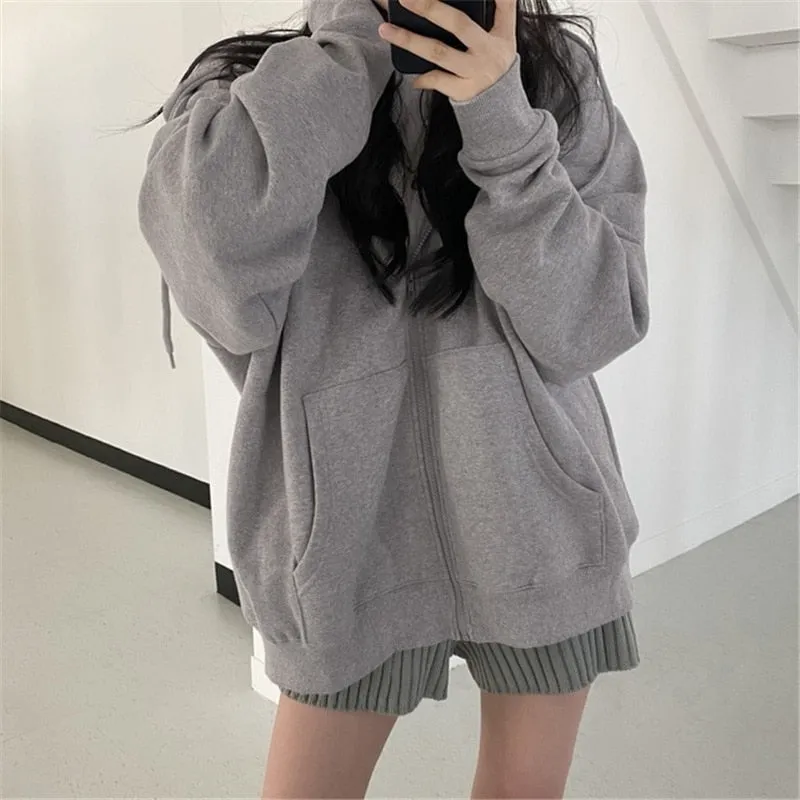 Fashionkova  Womens Oversized Hoodies Harajuku Solid Color Zip Up Pocket Korean Streetwear Autumn Long Sleeve Hooded Female Casual Sweatshirt