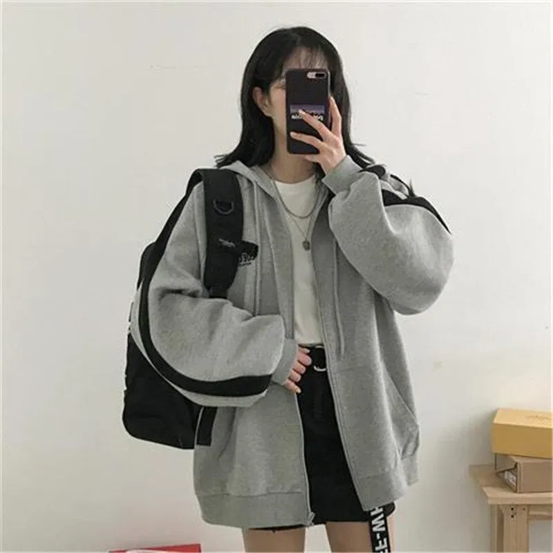 Fashionkova  Womens Oversized Hoodies Harajuku Solid Color Zip Up Pocket Korean Streetwear Autumn Long Sleeve Hooded Female Casual Sweatshirt