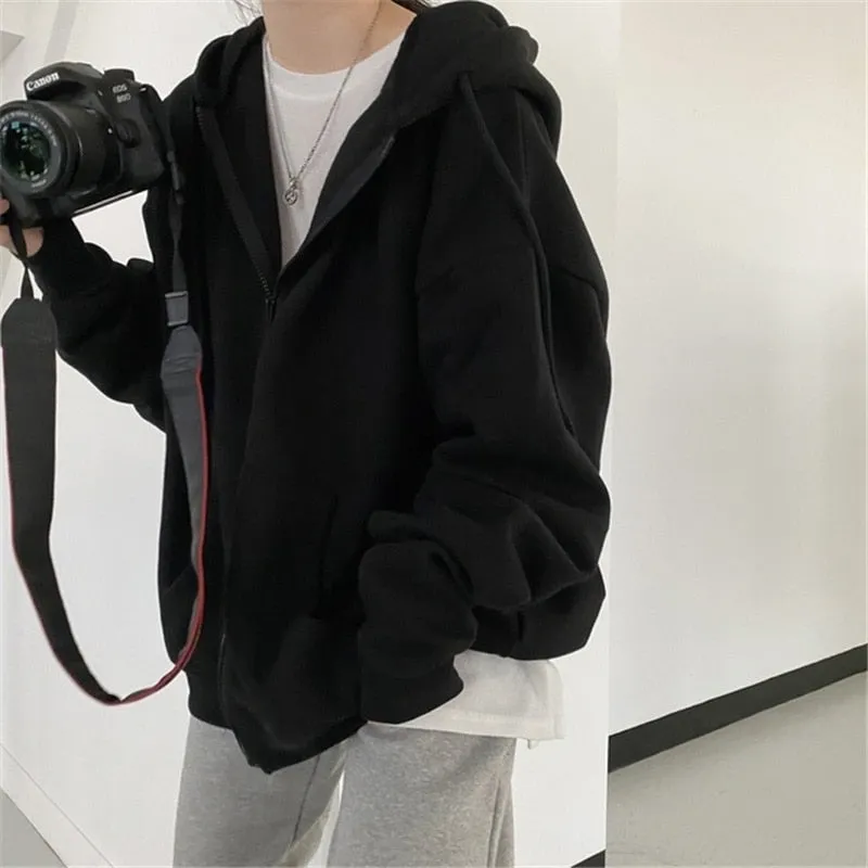 Fashionkova  Womens Oversized Hoodies Harajuku Solid Color Zip Up Pocket Korean Streetwear Autumn Long Sleeve Hooded Female Casual Sweatshirt