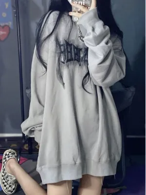 Fashionkova  Y2K Vintage Letter Print Hoodies Women Harajuku Grunge Graphic Sweatshirts Loose Casual O-Neck All-Match Pullover Tops