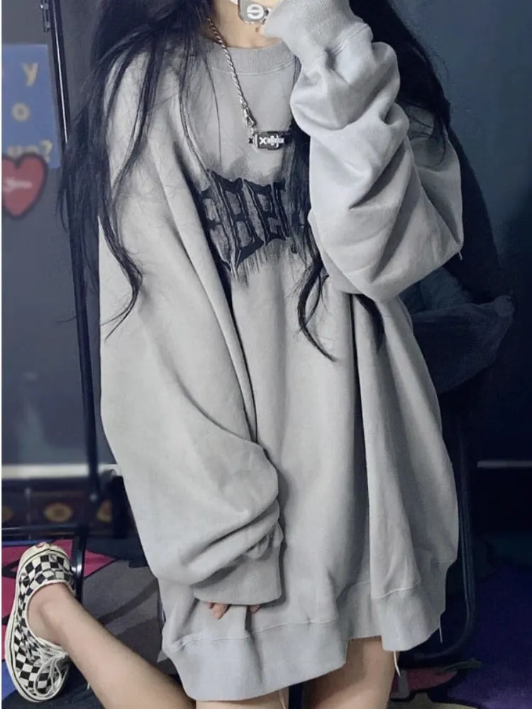 Fashionkova  Y2K Vintage Letter Print Hoodies Women Harajuku Grunge Graphic Sweatshirts Loose Casual O-Neck All-Match Pullover Tops