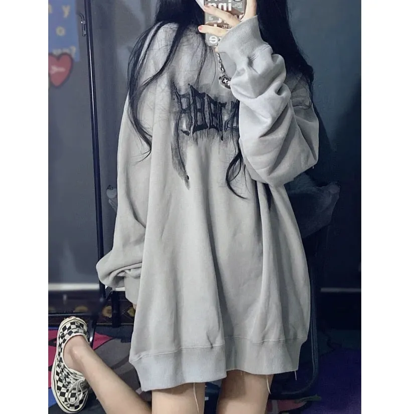 Fashionkova  Y2K Vintage Letter Print Hoodies Women Harajuku Grunge Graphic Sweatshirts Loose Casual O-Neck All-Match Pullover Tops