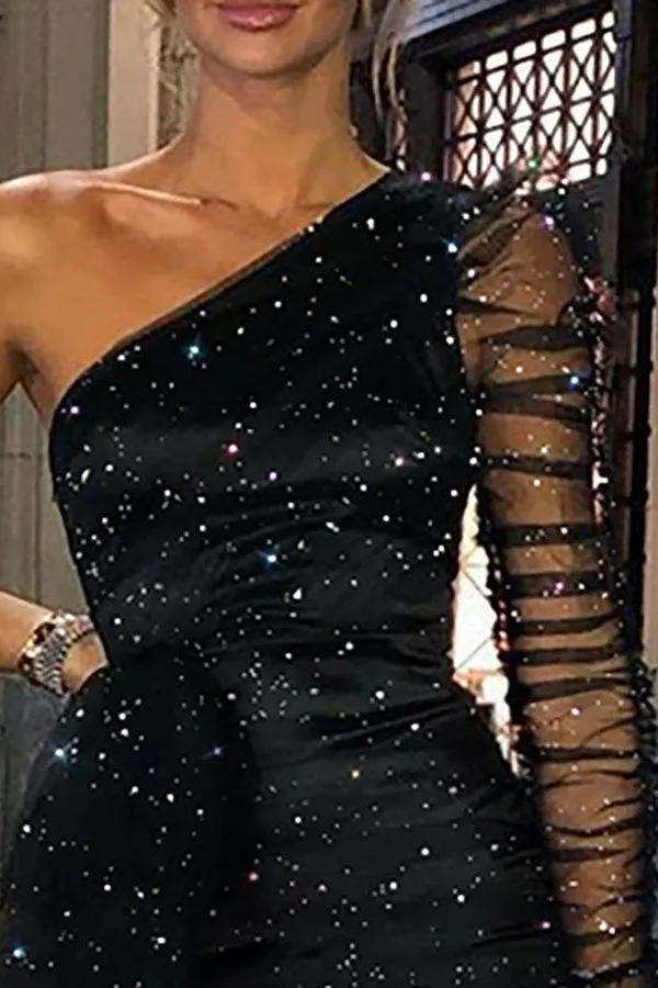 Flytonn-homecoming dresses hoco dresses party dresses fall outfits women Patchwork Glamorous One Sleeve  Mini Dress