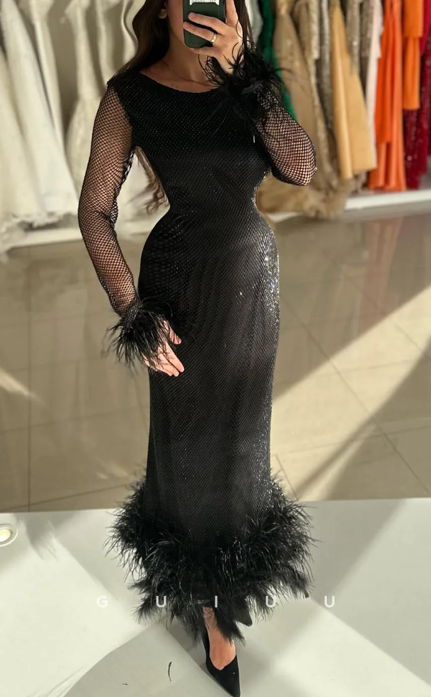 G3867 - Chic & Modern Sheath Scoop Fully Beaded Ankle-Length Formal Party Gown Prom Dress with Feather and Long Sleeves