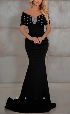G4011 - Sexy & Hot Mermaid Off Shoulder Floral Beaded and Draped Evening Party Gown Prom Dress with Sweep Train