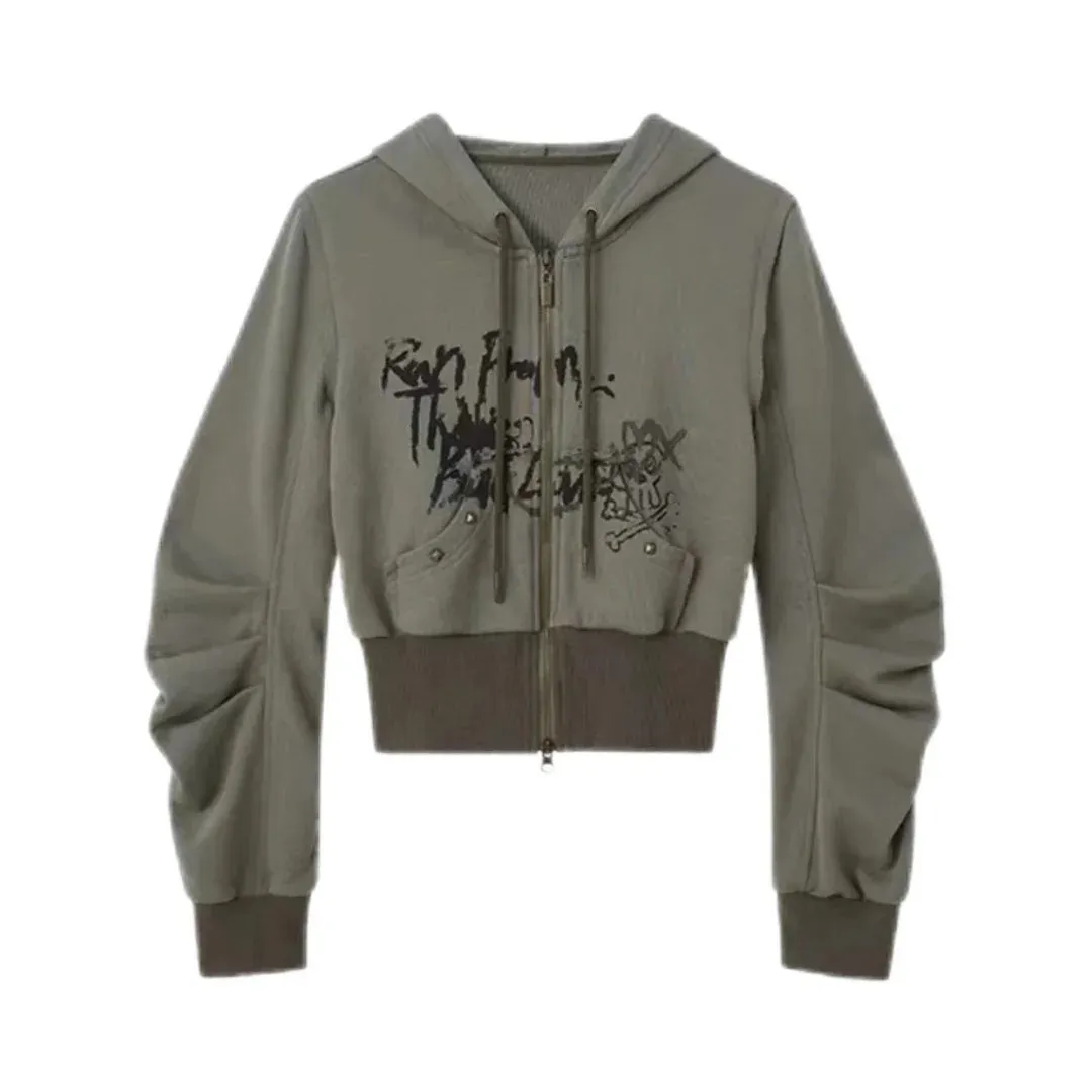 Girlary Harajuku Zipper Hoodies Loose Grunge Crop Casual Fashion All Match Streetwear Women Y2k Aesthetic 2024 Vintage Print Sweatshirt