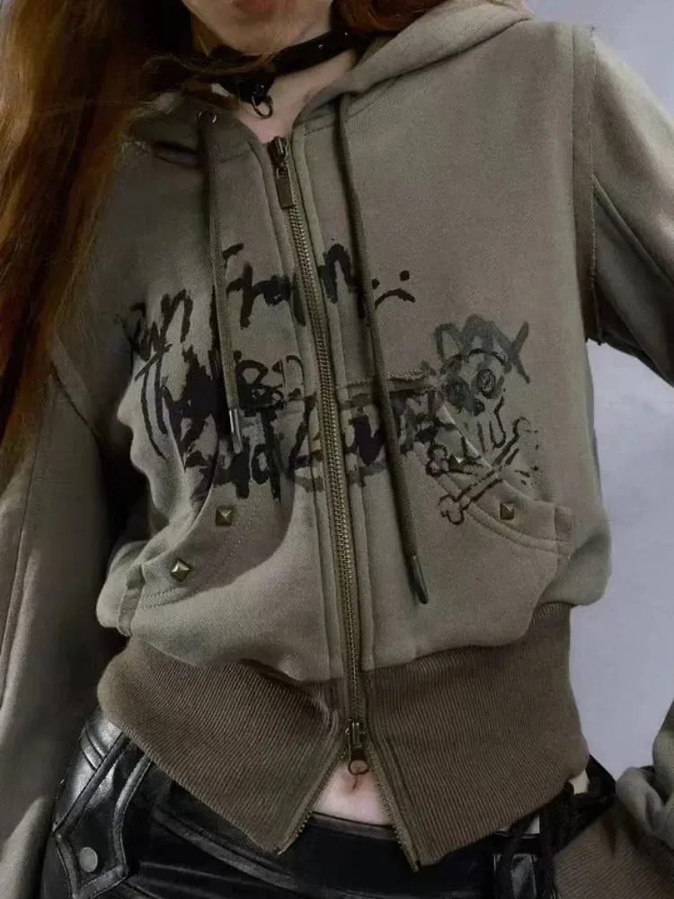 Girlary Harajuku Zipper Hoodies Loose Grunge Crop Casual Fashion All Match Streetwear Women Y2k Aesthetic 2024 Vintage Print Sweatshirt