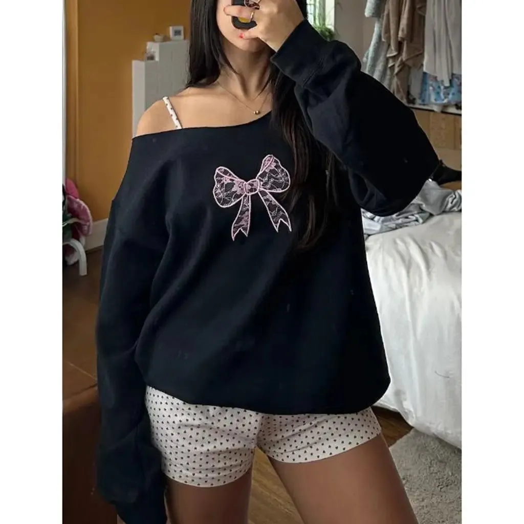 Girlary Women's Y2K Off-Shoulder Hoodies Sweatshirts Cute Aesthetic Print Loose Long Sleeve Pullovers Casual Tops Streetwear