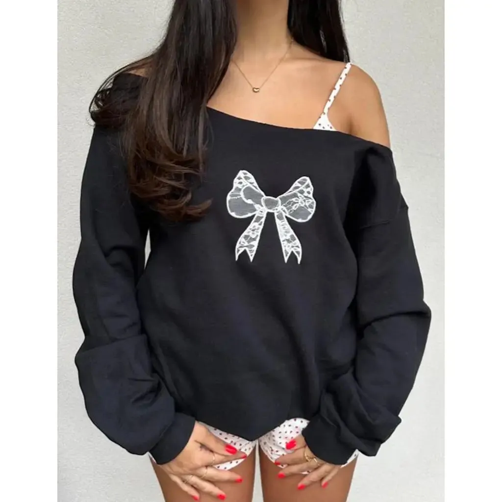 Girlary Women's Y2K Off-Shoulder Hoodies Sweatshirts Cute Aesthetic Print Loose Long Sleeve Pullovers Casual Tops Streetwear