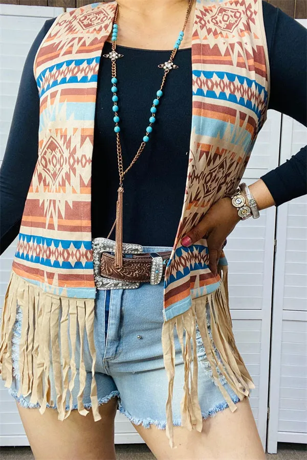 GJQ14610 Aztec multi color printed sleeveless suede fabric women vest w/fringe&tassels