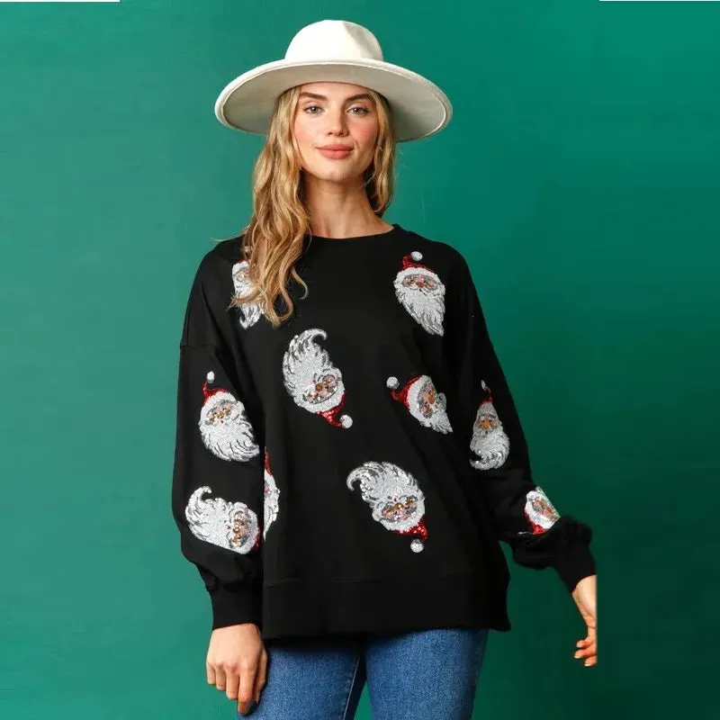 Glitter Patchwork Vintage Harajuku Slim Long Sleeve Christmas Hoodie Streetwear