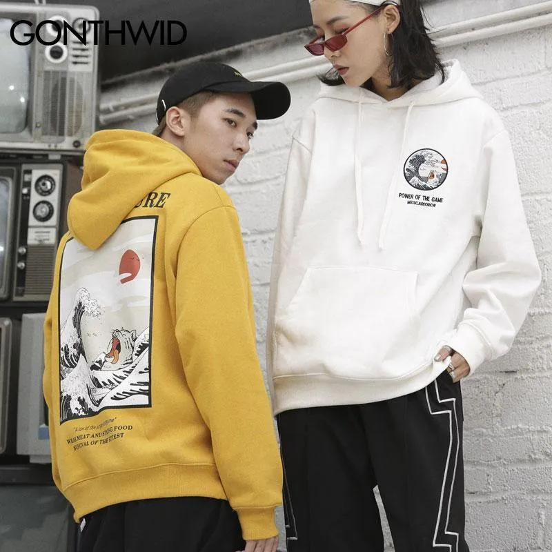 GONTHWID Japanese Embroidery Funny Cat Wave Printed Fleece Hoodies 2020 Winter Japan Style Hip Hop Casual Sweatshirts Streetwear