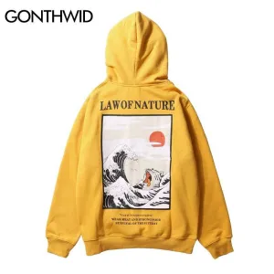 GONTHWID Japanese Embroidery Funny Cat Wave Printed Fleece Hoodies 2020 Winter Japan Style Hip Hop Casual Sweatshirts Streetwear