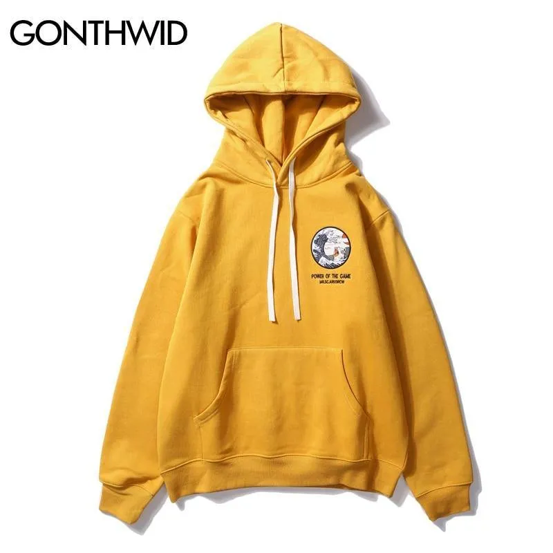 GONTHWID Japanese Embroidery Funny Cat Wave Printed Fleece Hoodies 2020 Winter Japan Style Hip Hop Casual Sweatshirts Streetwear
