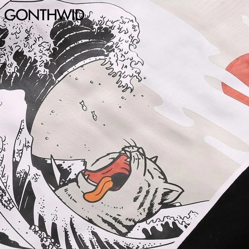 GONTHWID Japanese Embroidery Funny Cat Wave Printed Fleece Hoodies 2020 Winter Japan Style Hip Hop Casual Sweatshirts Streetwear