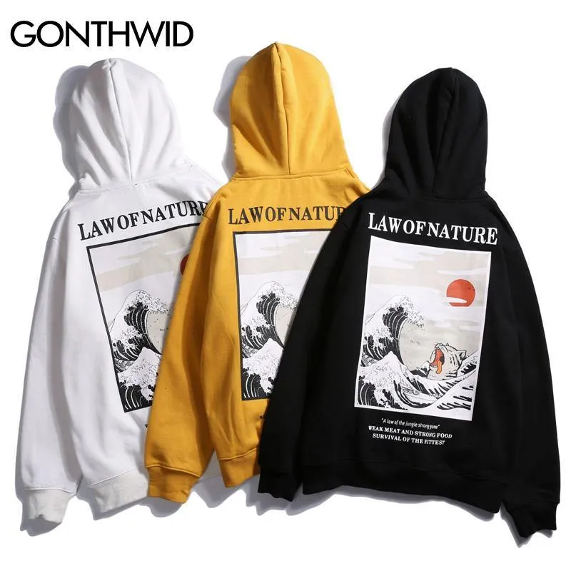 GONTHWID Japanese Embroidery Funny Cat Wave Printed Fleece Hoodies 2020 Winter Japan Style Hip Hop Casual Sweatshirts Streetwear