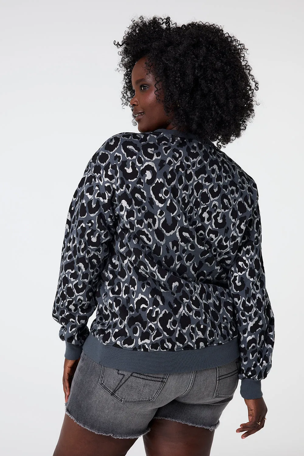 Grey with Black and Silver Foil Leopard Oversized Sweatshirt