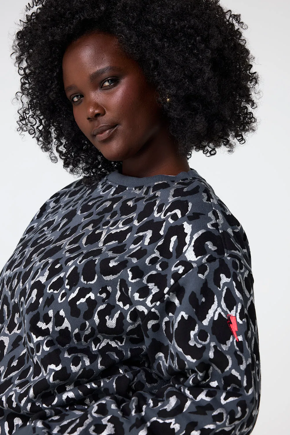 Grey with Black and Silver Foil Leopard Oversized Sweatshirt