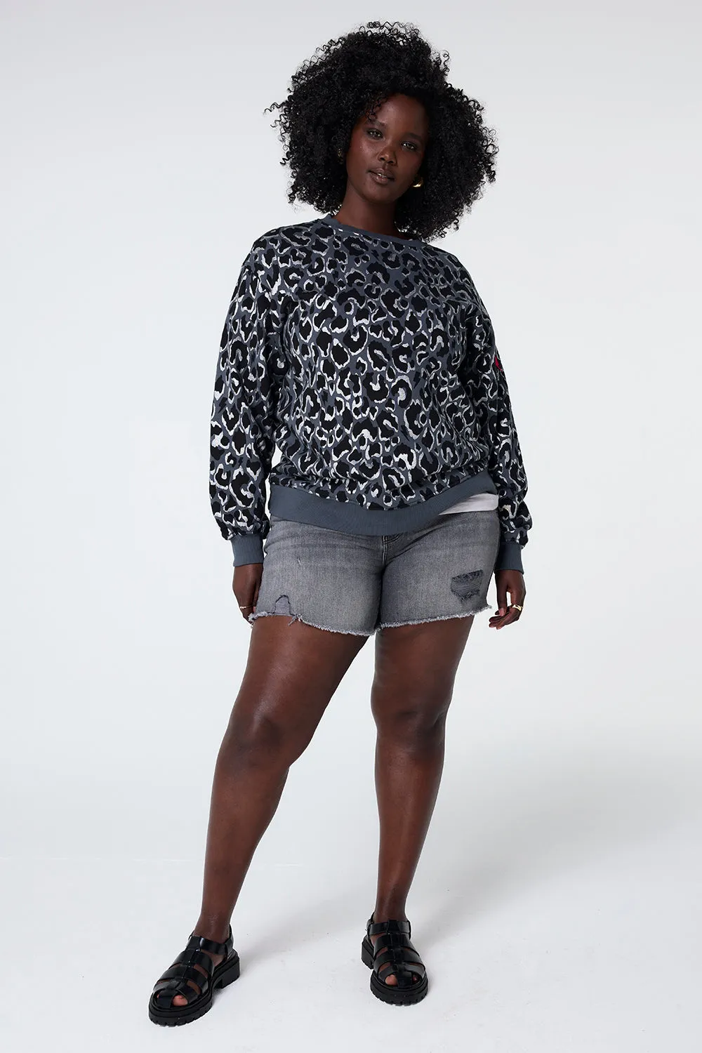 Grey with Black and Silver Foil Leopard Oversized Sweatshirt