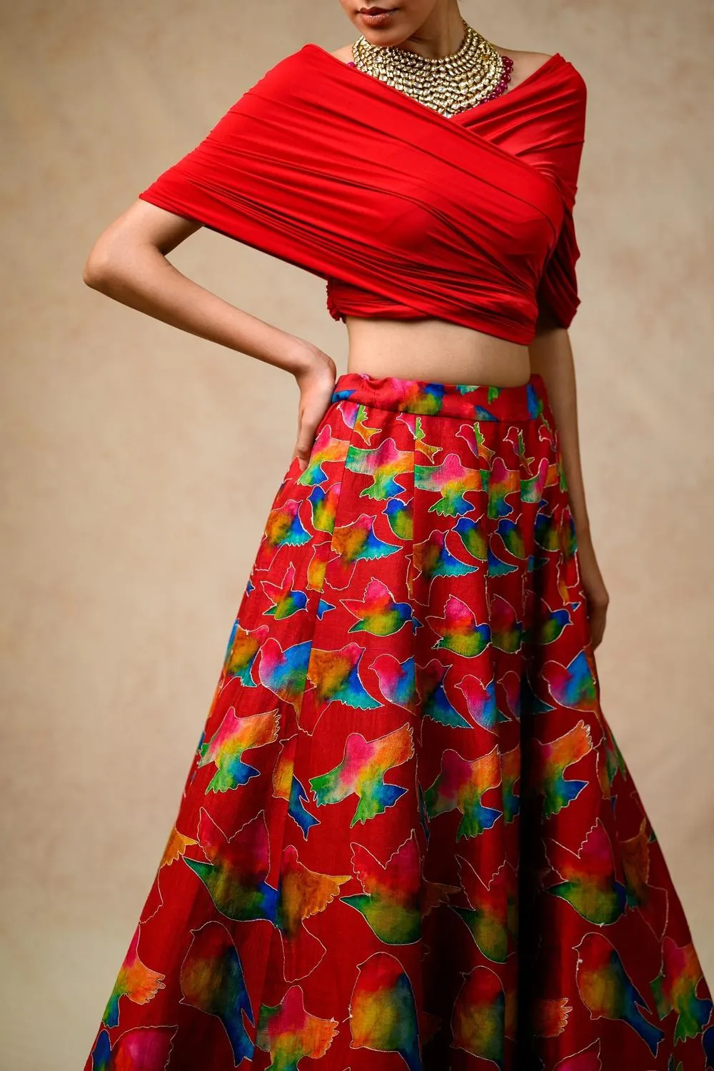 Hand Embroidred Lehenga With Drape Blouse And Feather Dupatta