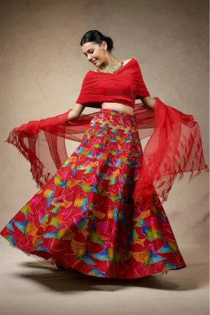 Hand Embroidred Lehenga With Drape Blouse And Feather Dupatta