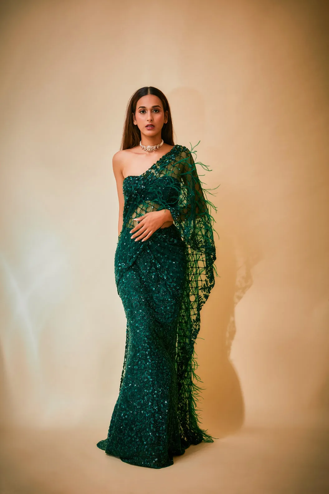 Jaal feather pallu with mermaid saree with strapless
