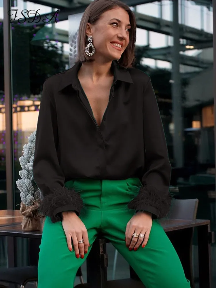 Joskaa 2024 Autumn Winter Black Feather Blouse Shirts Women Satin Long Sleeve Fashion Elegant Top Shirt Sexy Vintage Clothing