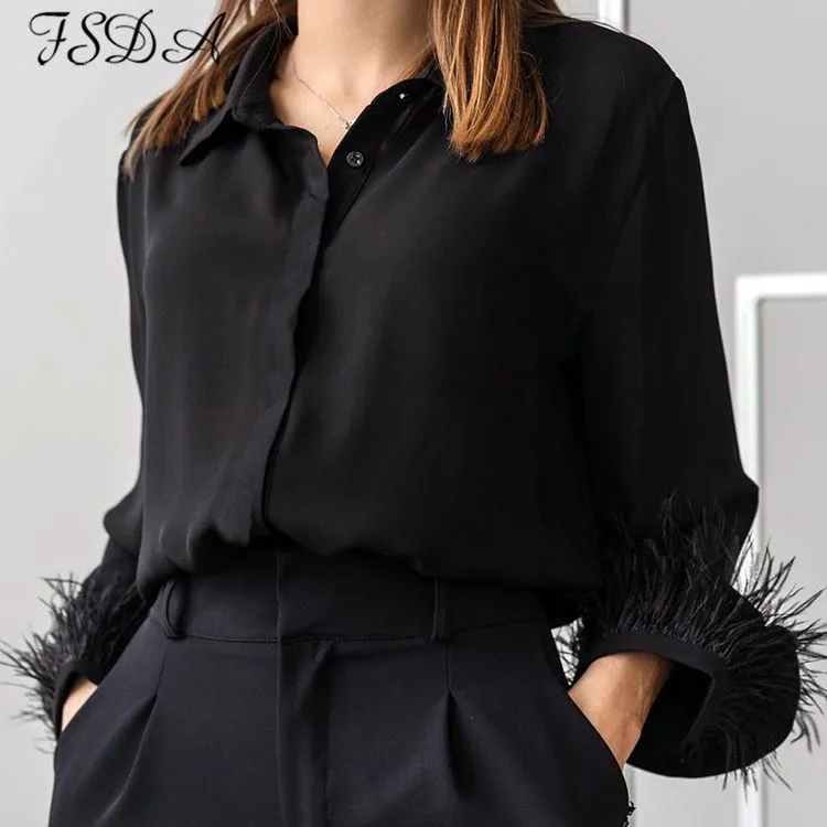 Joskaa 2024 Autumn Winter Black Feather Blouse Shirts Women Satin Long Sleeve Fashion Elegant Top Shirt Sexy Vintage Clothing