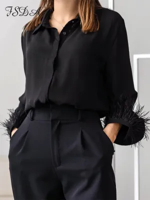 Joskaa 2024 Autumn Winter Black Feather Blouse Shirts Women Satin Long Sleeve Fashion Elegant Top Shirt Sexy Vintage Clothing
