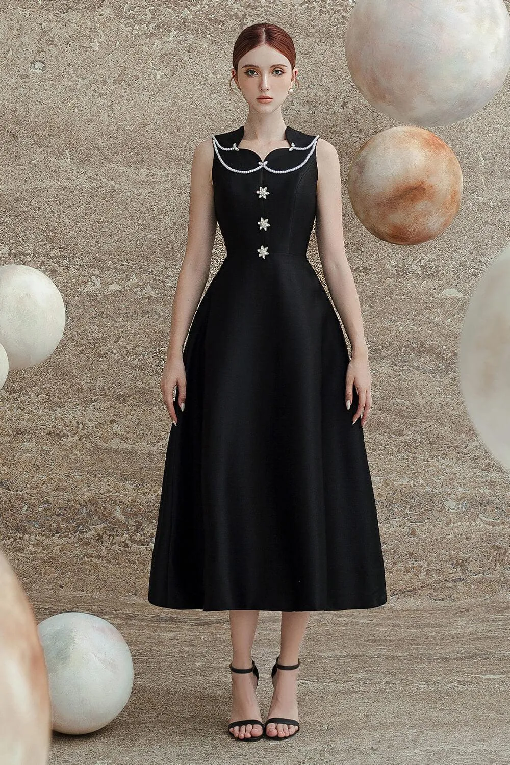 Katy A-line Sleeveless Trerena Taffeta Midi Dress