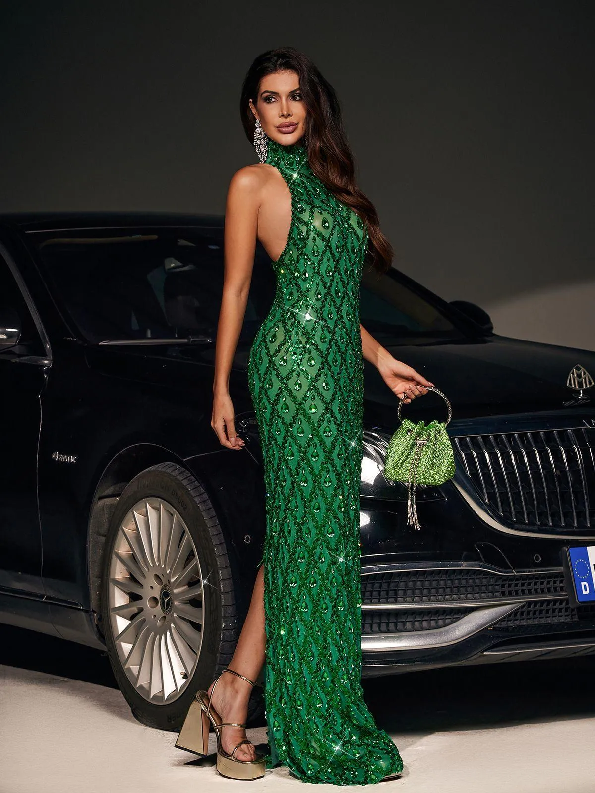 Liora Sequin Crystal Maxi Dress In Green