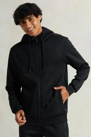 Men Black Zip Thru Hooded Sweatshirt