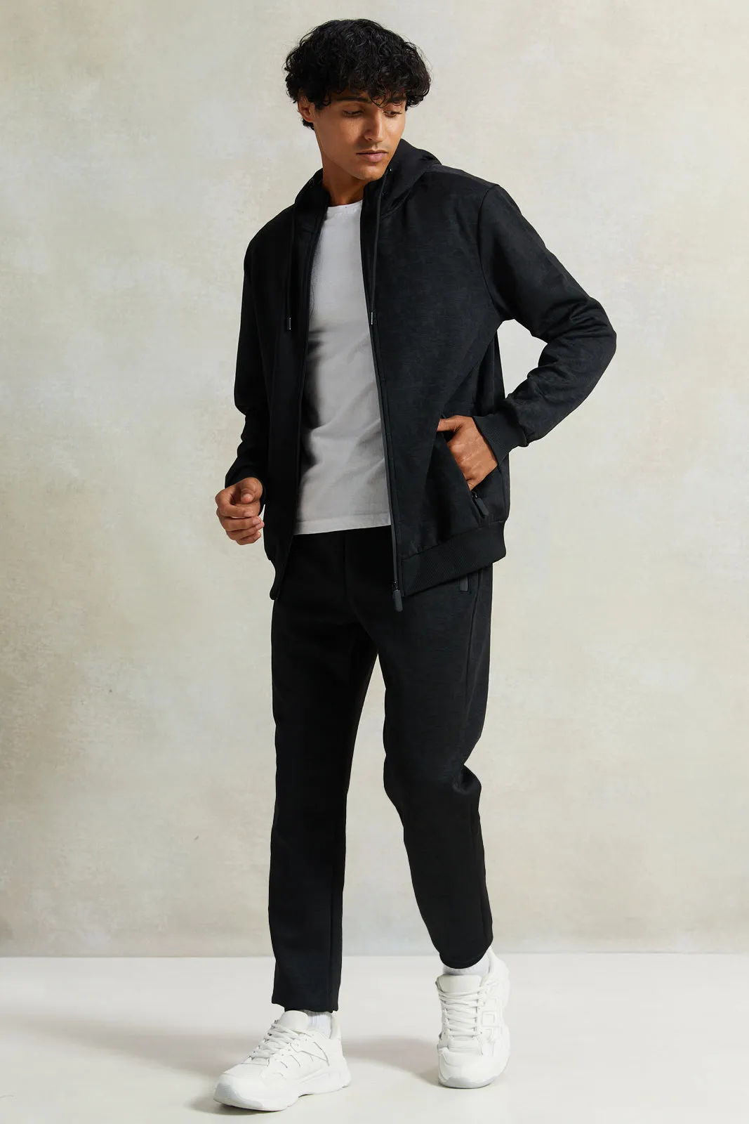 Men Black Zip Thru Hooded Sweatshirt