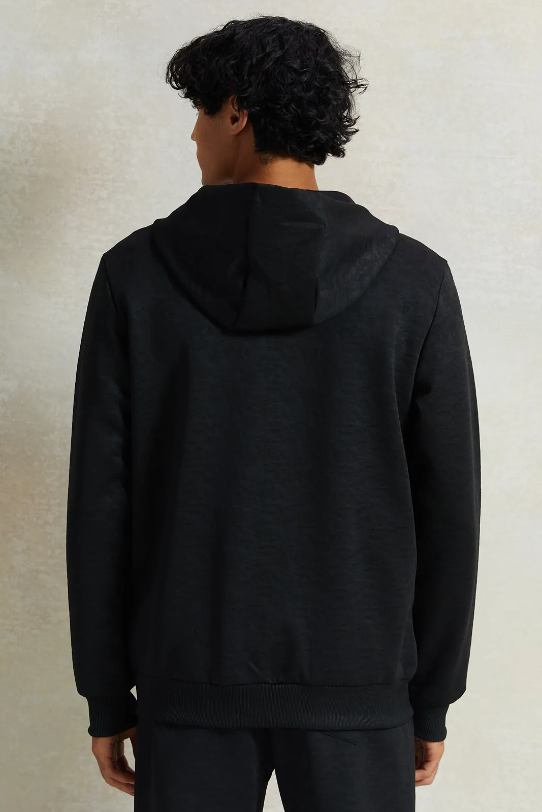 Men Black Zip Thru Hooded Sweatshirt
