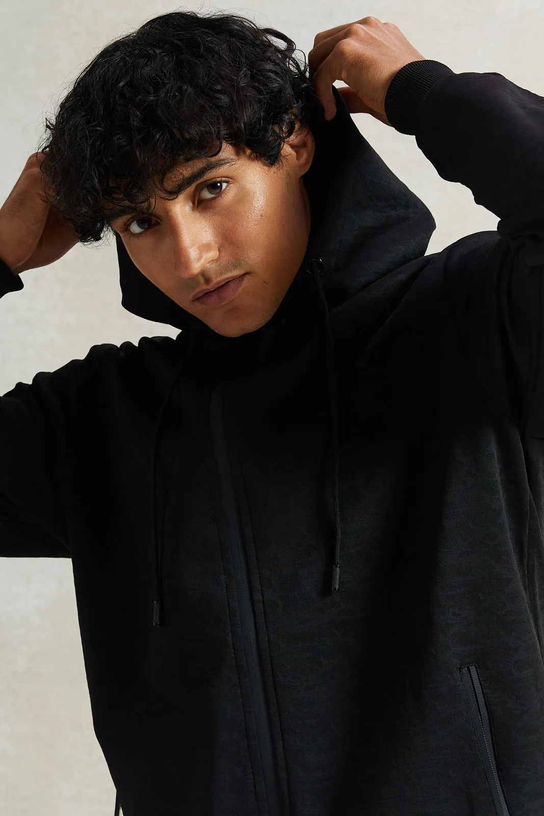 Men Black Zip Thru Hooded Sweatshirt