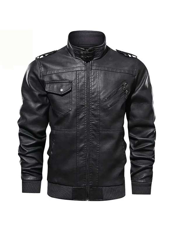 Men's Stand Collar PU Leather Motorcycle Jacket