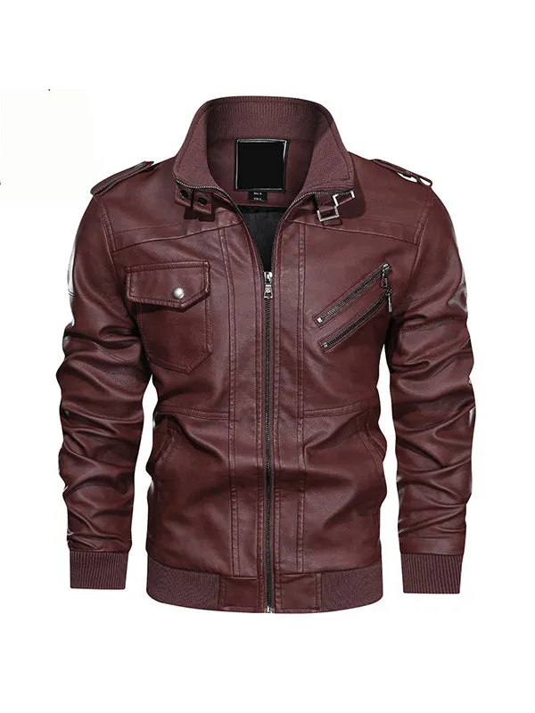 Men's Stand Collar PU Leather Motorcycle Jacket