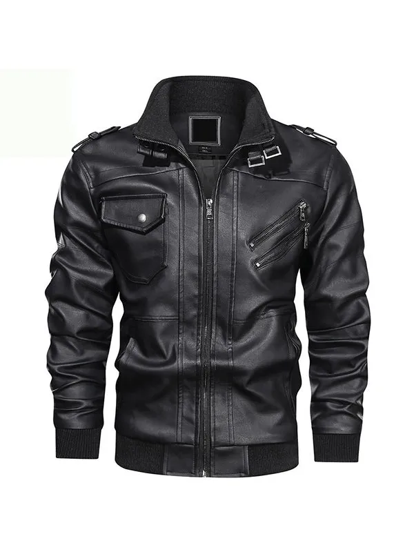 Men's Stand Collar PU Leather Motorcycle Jacket