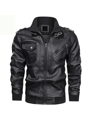 Men's Stand Collar PU Leather Motorcycle Jacket