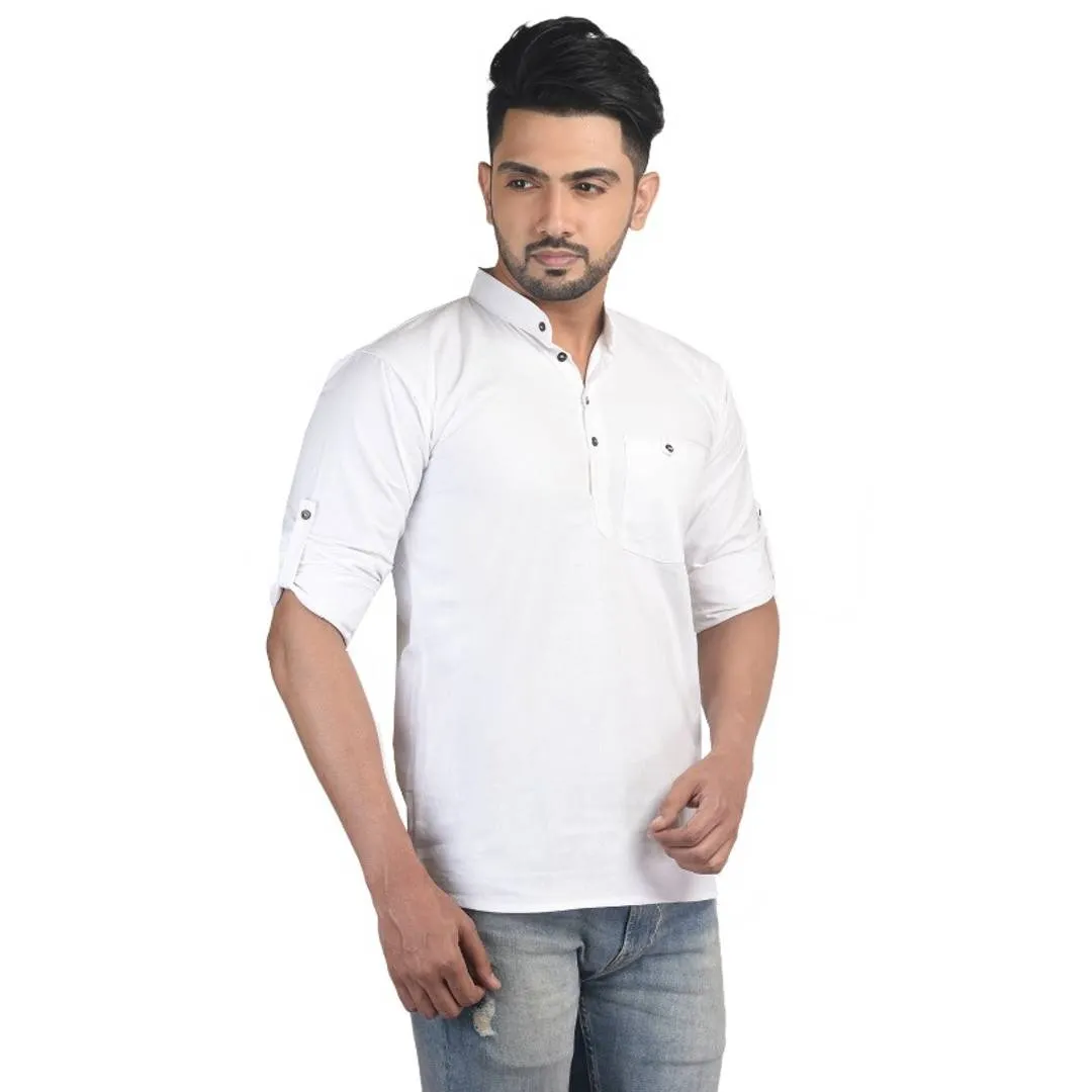 Nandonik's Men's Chinese/mandarin neck White Short Kurta with Roll-up Sleeves