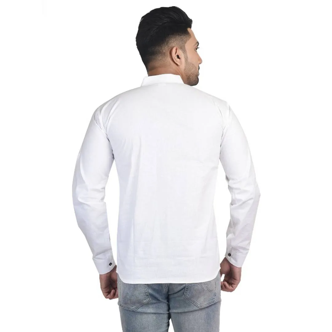 Nandonik's Men's Chinese/mandarin neck White Short Kurta with Roll-up Sleeves