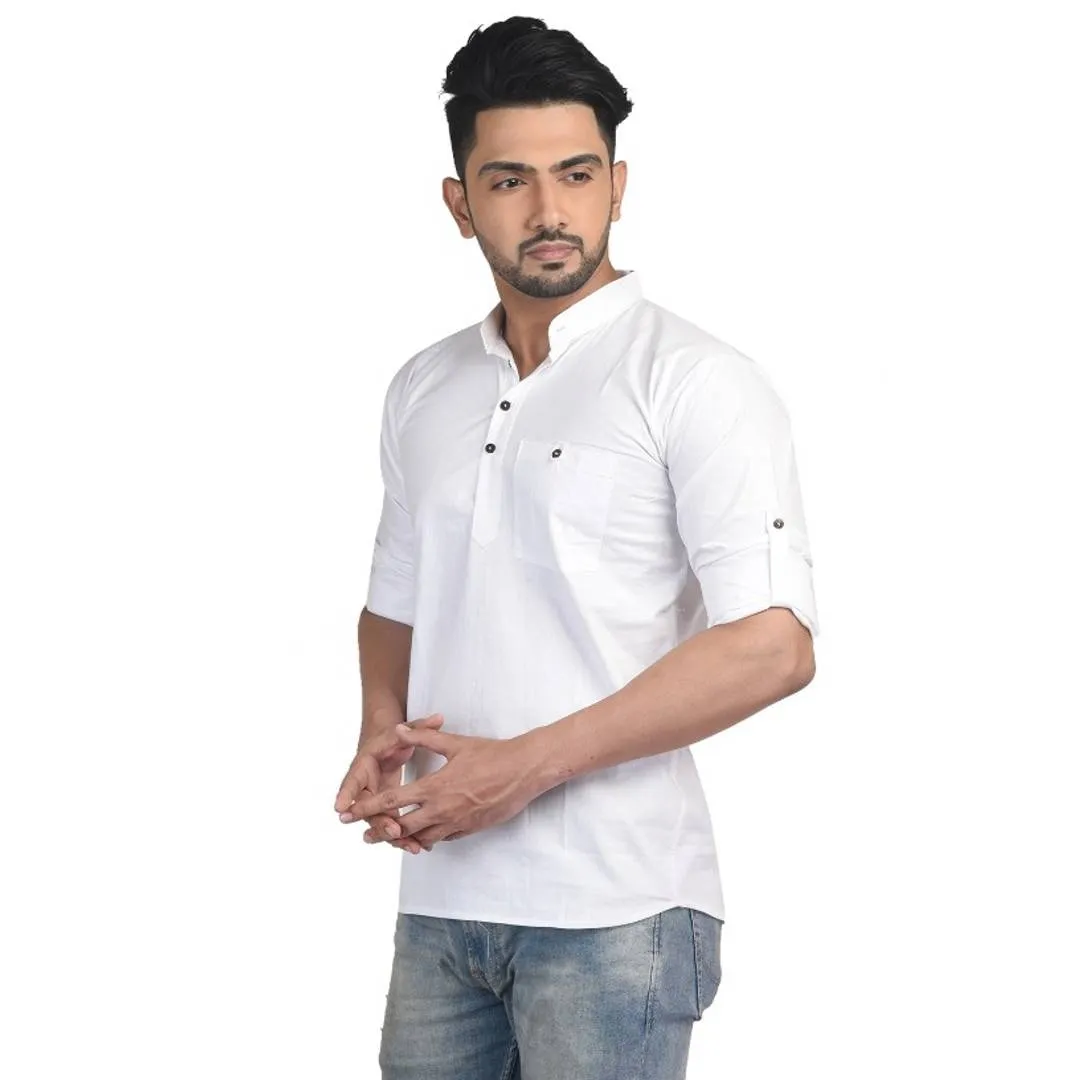 Nandonik's Men's Chinese/mandarin neck White Short Kurta with Roll-up Sleeves