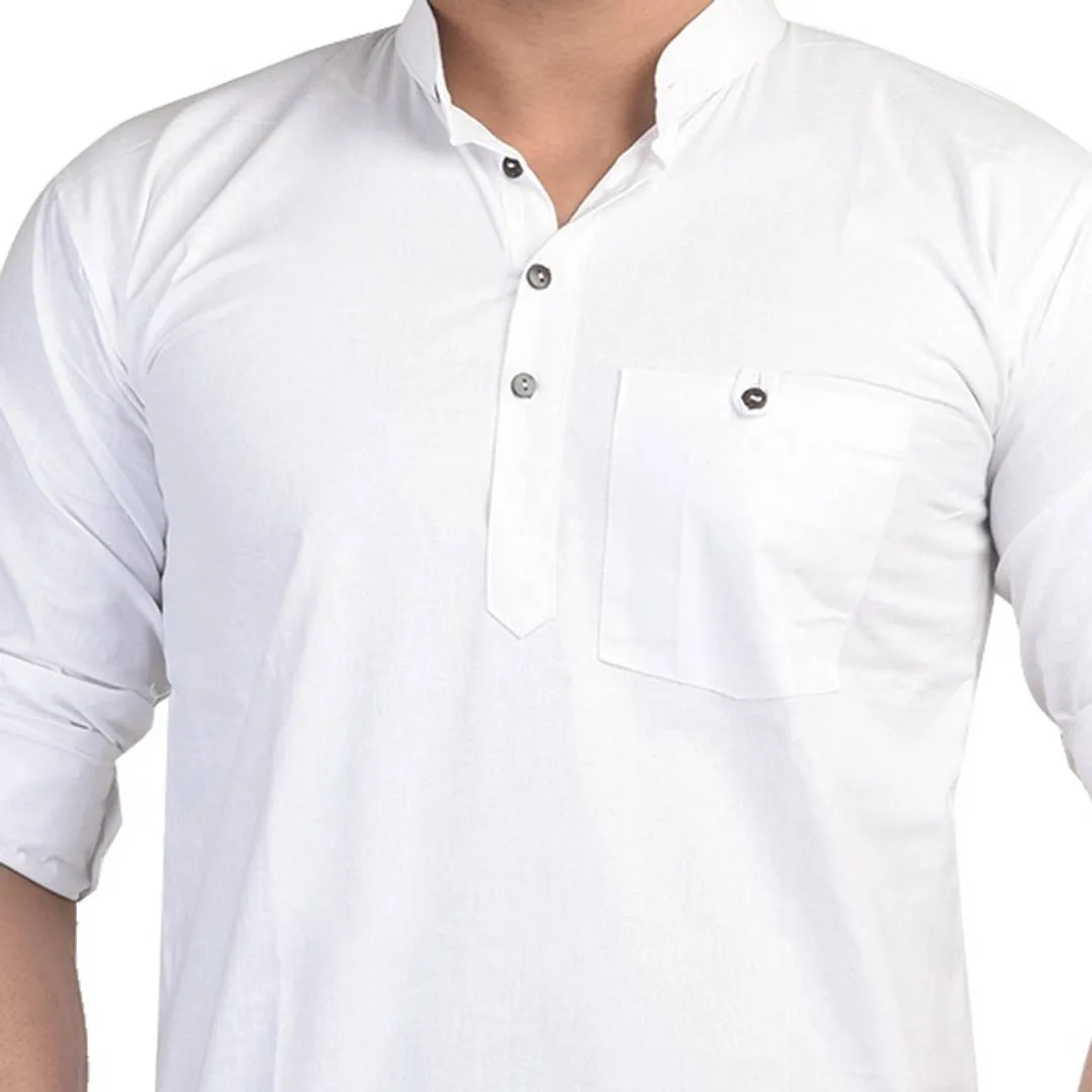 Nandonik's Men's Chinese/mandarin neck White Short Kurta with Roll-up Sleeves