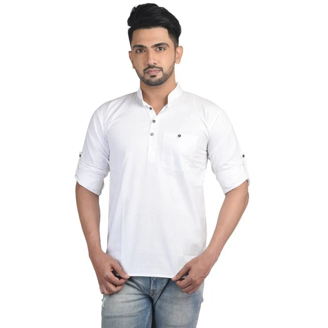 Nandonik's Men's Chinese/mandarin neck White Short Kurta with Roll-up Sleeves