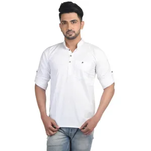 Nandonik's Men's Chinese/mandarin neck White Short Kurta with Roll-up Sleeves